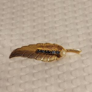 Vintage Gold Leaf Brooch Faux Pearl And Blue Rhinestones Pin Art Nouveau